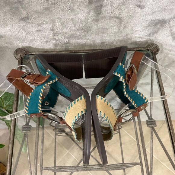 Chinese Laundry Golden LEATHER Heeled Stacked SANDALS WOMAN’S SIZE 9.5 Turquoise - Picture 8 of 10